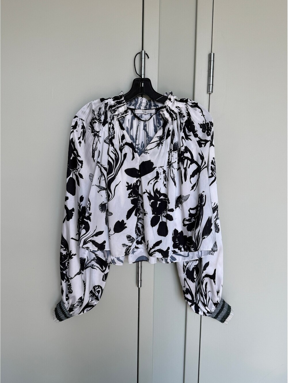 Tibi Black and White Floral Print Mock Neck Pleated Blouse